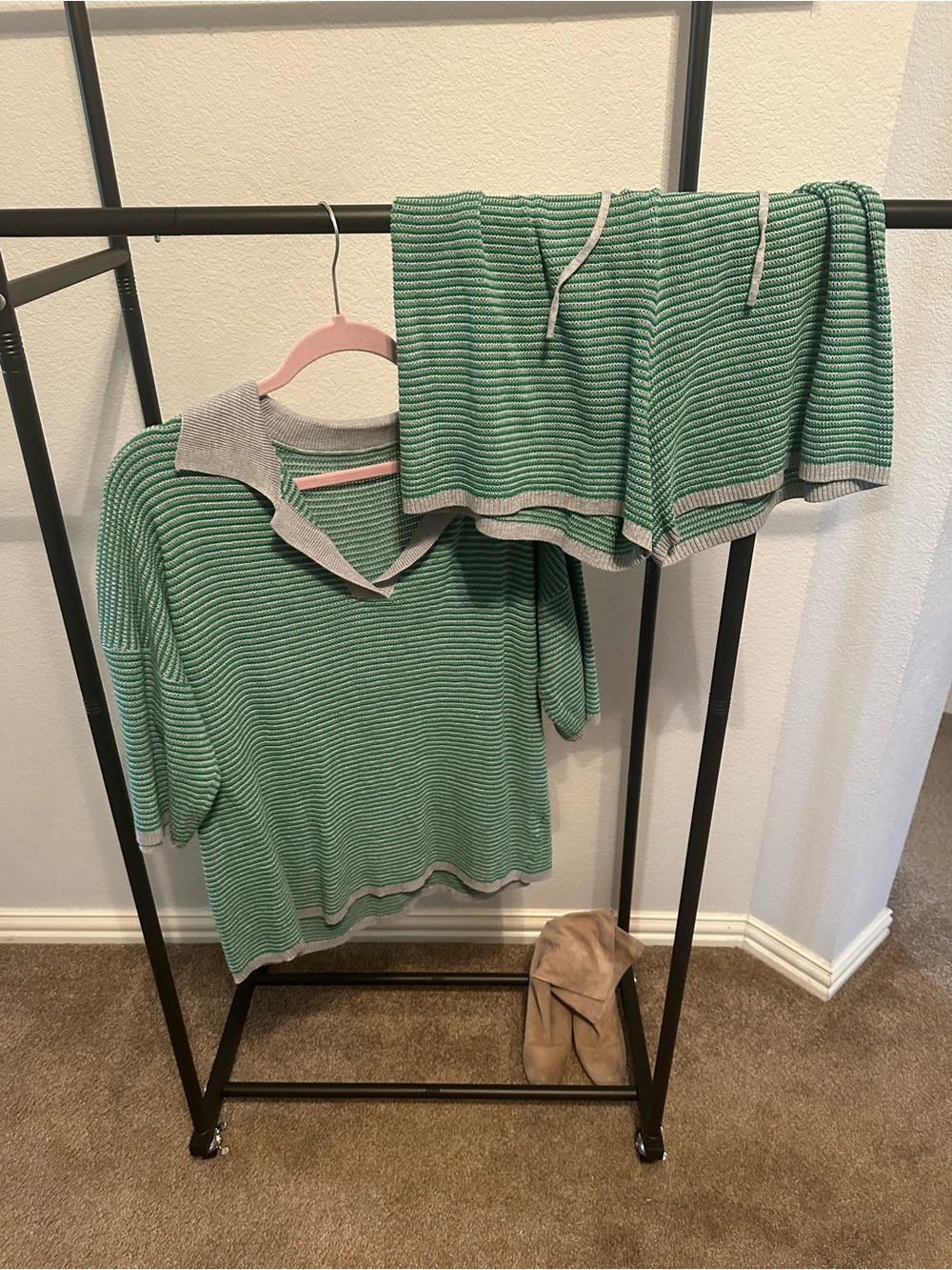 Amazon Green and Gray Striped Short Sleeve Top with Matching Shorts